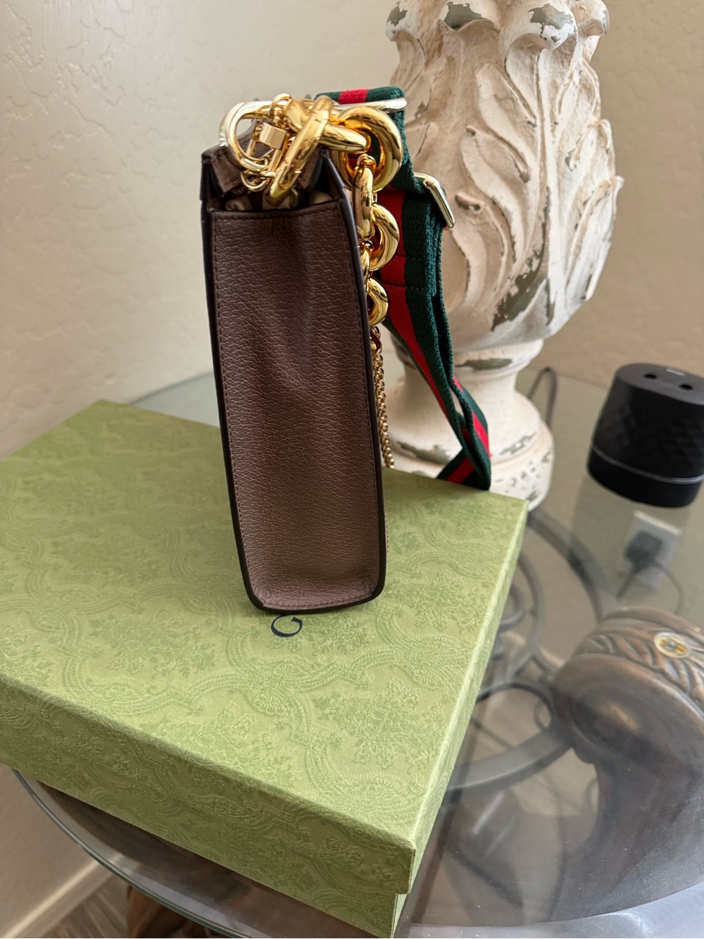 Gucci Brown GG Supreme Crossbody with Green and Red Web Stripe with added chain - Picture 4 of 4